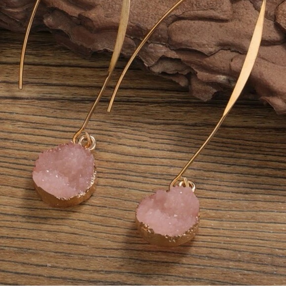Pink Resin Crystal Gold Drop Dangle Earrings - Picture 7 of 8